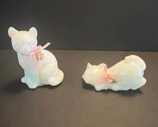 Fenton Iridescent Ceramic Cat Figurines with Pink Roses