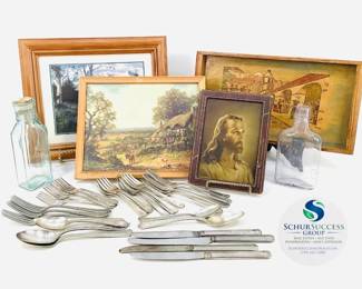 Silver Plate Flatware & Vintage Art