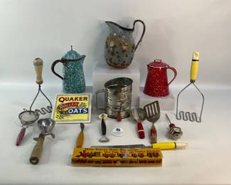 Assorted Enamelware & Vintage Kitchen Items
