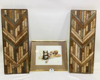 Elroy Kaye Watercolor and Two Wood Wall Art Hangings