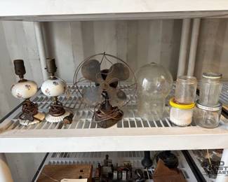 5066  Vintage Lamps, Fan, Light Bulb Cover, and Glass Jars 