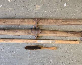 5084  2 Single Tree Yokes, Sledgehammer Handle and Horse Brush 