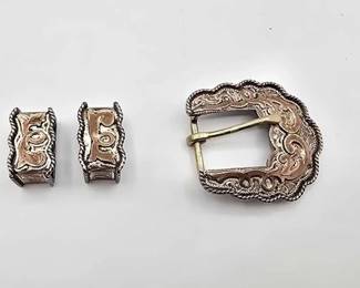 1912  Sterling Silver Belt Buckle Set with 10k Gold Accents 