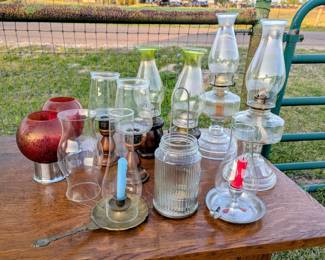 Off grid lighting: 6 kerosine lanterns, 2 sterno-like lanterns, 3 candle holders