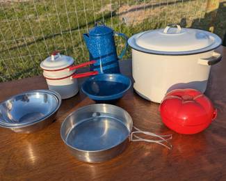 2 antique enamel pots, camping bows, pan & coffee maker, veg saver. 