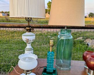 Antique Lamps: milk glass, lucite art deco, avon 60s or 70s (and one modern lamp that's also very friendly)
