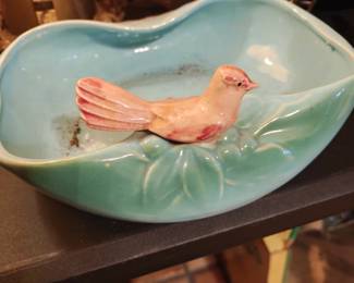 Vintage 1940s McCoy "Bird Bath" Turquoise Blue Bowl Planter Pottery w/ Pink Bird