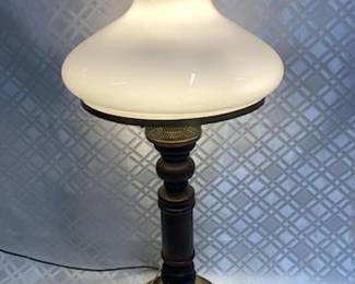 Wooden Base Lamp w/Milk Glass Shade 