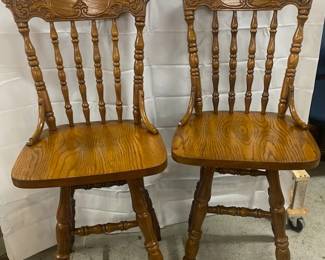 Pair Oak Press Back Swivel Bar Stools 