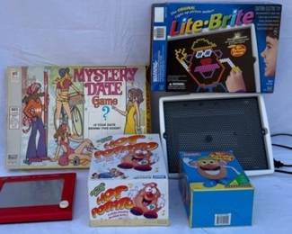 Vintage Game and Toy Bundle with Lite Brite, Mr Potato Head, Etch a Sketch, Hot Potato and Mystery Date Game