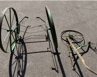 Antique 23.5" Single Wheel Push Plow and Antique Milk Cart with 35.5" Wheels