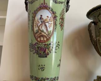 18.25" high  Pair of Chinese Style Bronze mounted green ceramic vases with Birds  Price $359 for the Pair BUY ITNOW