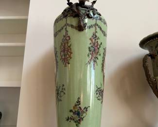 18.25" high  Pair of Chinese Style Bronze mounted green ceramic vases with Birds  Price $359 for the Pair BUY ITNOW