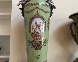 18.25" high  Pair of Chinese Style Bronze mounted green ceramic vases with Birds  Price $359 for the Pair BUY ITNOW