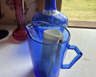 vintage blue glass pitcher
