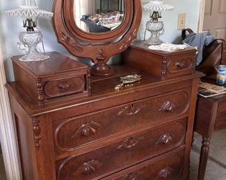 Antique Carved Wood Dresser with Mirror