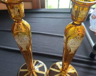 antique Bohemian amber glass candlesticks