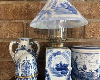 blue and white porcelain oil lamp and other porcelain decor