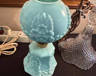 vintage miniature opaque blue glass oil lamp