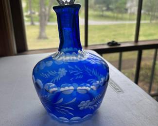 cobalt blue etched glass decanter