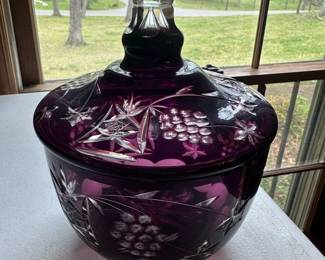 purple cut glass candy jar