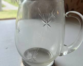 Vintage Etched Glass Pitcher with Silver