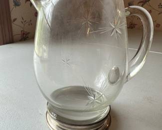 Vintage Etched Glass Pitcher with Silver