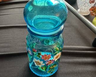 vintage turquoise blue glass apothecary jar