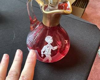 vintage Mary Gregory style cranberry glass cruet
