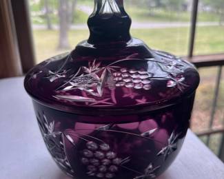 purple cut glass candy jar