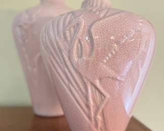 VIntage pink flamingo and iris crackled vases 