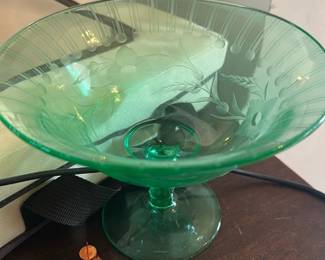 Uranium Glass Etched Pedestal Bowl