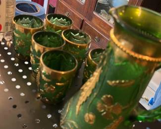 Green Amberina Glass Pitcher Set