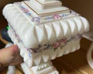 Milk Glass Covered Urn with Floral Desig