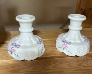PaiVintage Milk Glass Floral Candlestick