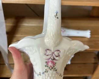 Vintage Milk Glass Basket with Floral Mo