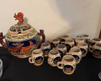 German Hunting Themed Punch Bowl and Cups