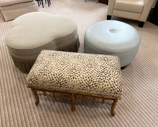Ottomans:  Ornate bamboo upholstered bench, round "pebbled" leather ottoman, and large upholstered ottoman with fringe on casters