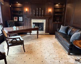 Executive desk (40" x 70") with glass top, Hancock & Moore black leather office chair, Area Rug (12' x 12'), 3-cushion pebbled Italian leather couch with attached back cushions, Baker Round Pedestal table - Historic Charleston Collection, velvet pillows with down inserts, and matched set of wood armchairs - custom fabric - Design Center