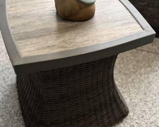 Another view of the all-season wicker side tables (3 available) and ceramic gnome