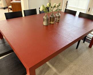 Red Lacquered linen-embossed Dining Table (with one leaf in) = (4'10" x 6'8)" and shown with mercury glass vases - set of 3