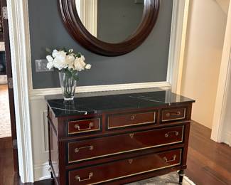 Baker Historic Charleston Collection:  5-drawer dresser with black marble top, Tiffany vase, and large round mirror, and view of  Oushak handmade finished edge wool area rug (6' x 8'10")