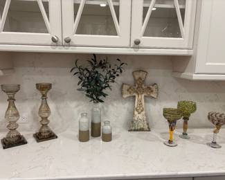 Colored glass pillar candle holders, set of 3 ceramic vases, distressed wood cross, hand-blown glassware