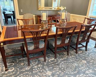 Stickley Dining Table by John Widdicomb (10' 2" x 49" w 2 leaves in) - leaves =19" + pads, (8) John Widdicomb Chippendale Mahogany side chairs, (2) upholstered parsons-style side chairs with nail-head detail