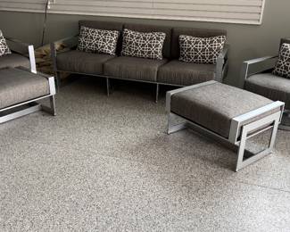 Prestige Patio Set:  3-cushion couch, Swivel armchairs with ottoman (set of 2) and all season covers for all pieces included