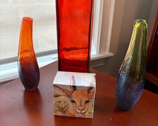 Kosta Boda blown glass colored vases (2 available), tall orange colored glass vase, acrylic artwork cube