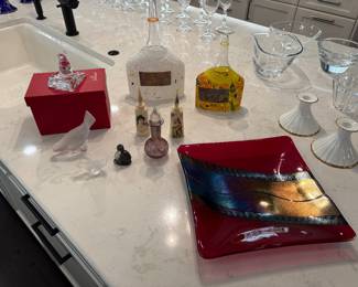 Baccarat figurine, Lalique bird and lovebirds, Kotsa Boda colored glass vases, perfume pottles - vintage, Christian Dior tapper candle holders and colored glass dish