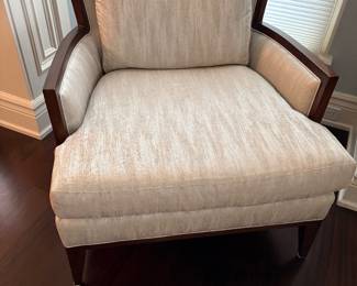 Another view of the Baker armchairs with cane backs and upholstered interior and seats - matched set of 2 available