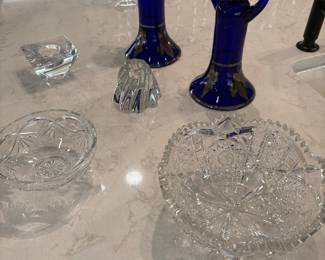 Vintage tapper candle holders - Blue; Baccarat and Orrefors votive candle holders, Waterford candy dish, and Vintage cut-crystal bowl