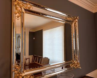 Large 3-level beveled framed mirror with gold metal overlay